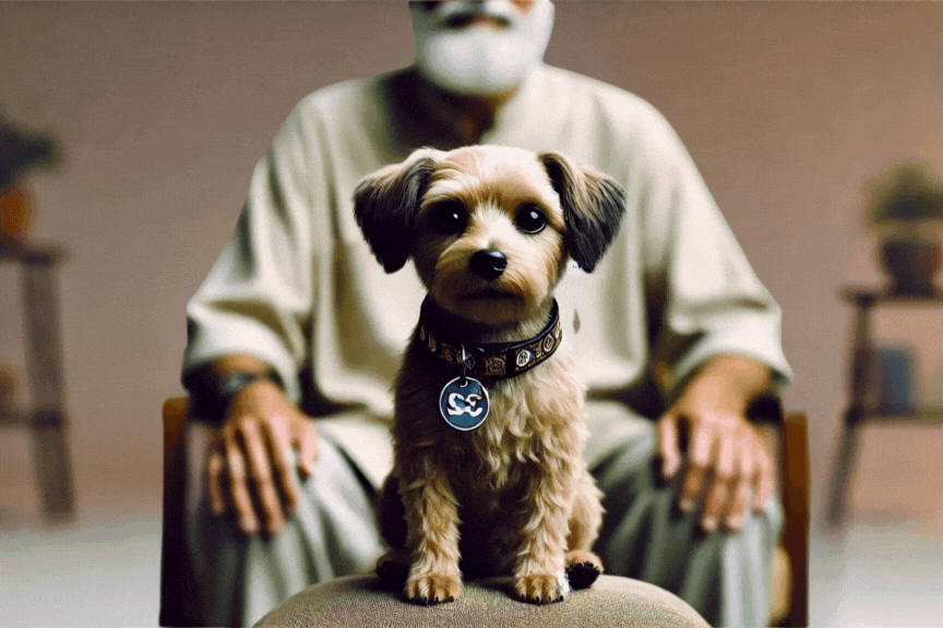 A small dog sitting on a lap, with data points and lines drawn in the air around her